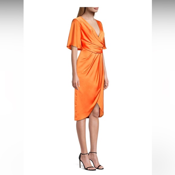 Fame and partners zhara satin midi dress flowy sleeve deep v wrap - Picture 3 of 5